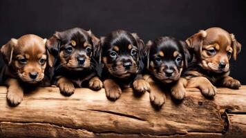 A group of puppies sitting on top of a wooden log video