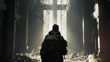 A man with a backpack standing in an abandoned building video