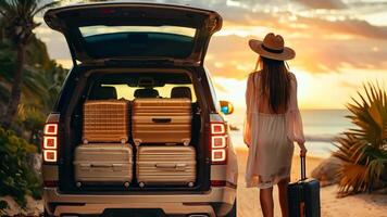 A woman walking towards the back of a car with suitcases in the trunk video