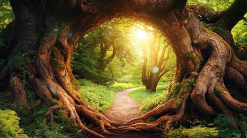 A path through a forest with a large tree in the middle of it video