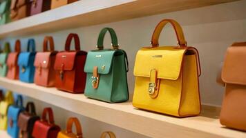 A row of colorful handbags on a shelf in a store video