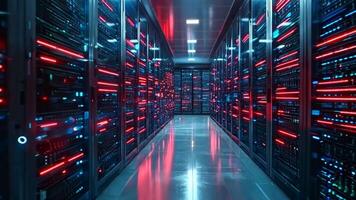 A long row of servers in a data center video