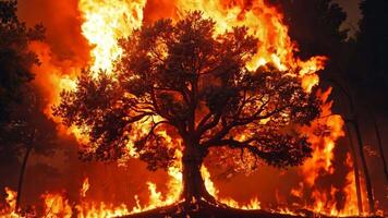 A large tree is engulfed by flames in the middle of a forest video