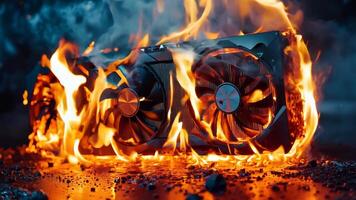 A computer graphics card on fire with flames coming out of it video