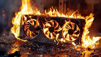 A computer case on fire with two fans on top of it video