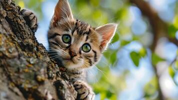A small kitten peeking out from behind a tree video