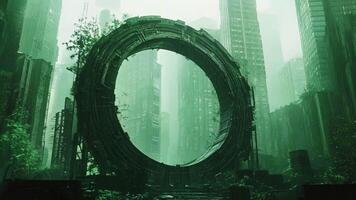 A futuristic city with a circular archway in the middle of it video