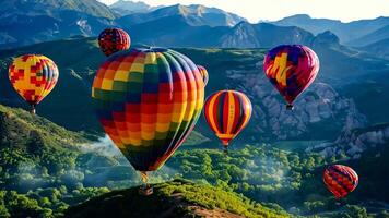 A group of hot air balloons flying over a mountain range video