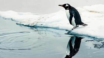 A penguin standing on top of an iceberg in the water video