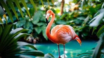 A pink flamingo standing in the middle of a pool surrounded by plants video
