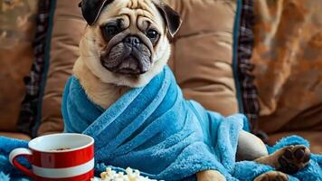A pug dog wrapped in a blue towel sitting on a couch with a cup of coffee and popcorn video