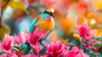 A colorful bird sitting on top of a pink flower video