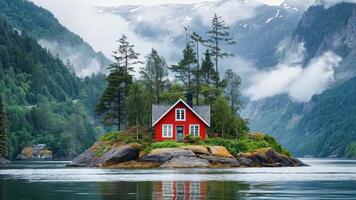A small red house sitting on top of a small island in the middle of a body of water video