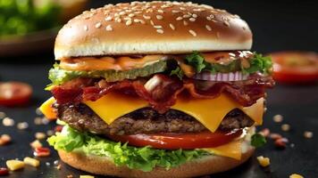 A cheeseburger with lettuce, tomato, onion, and bacon on a bun video