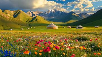 A field of colorful flowers in front of a mountain range video