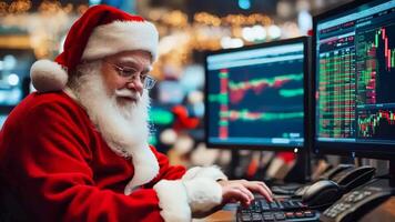 A man dressed as Santa Claus sitting at a desk in front of two computer monitors video