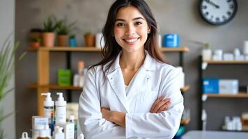 A woman in a white lab coat standing in front of a counter with her arms crossed video