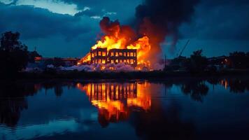 A large building on fire in the middle of a body of water video