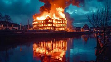A large fire is raging in the middle of a city at night video