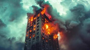 A tall building on fire with smoke billowing from the top of it video