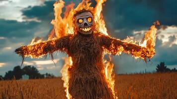 A scarecrow in a field of hay with flames coming out of it video
