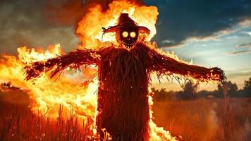 A scarecrow in a field of fire with a hat on video