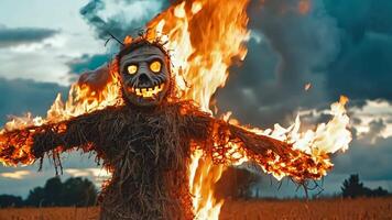 A scarecrow in a field of hay with flames coming out of it video