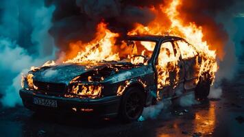 A burnt out car on fire in the middle of the street video