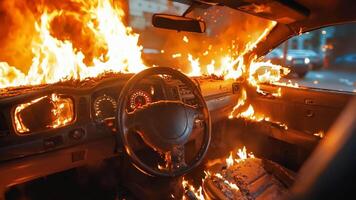 A car is engulfed by flames on the dashboard of a car video