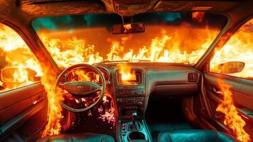 A car with flames coming out of the dashboard and dashboard of a car video