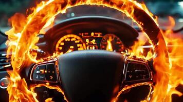 A car dashboard with a steering wheel covered in flames video