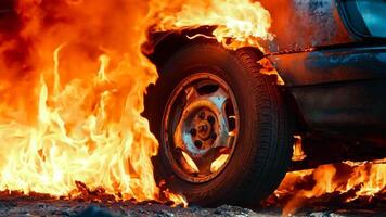 A car on fire with a tire on the ground video
