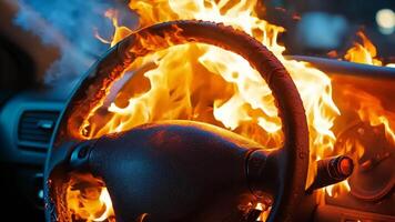 A car with a steering wheel on fire in the dashboard video