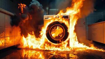 A burning washing machine in a kitchen with smoke coming out of it video