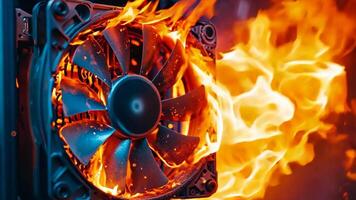 A computer case with a fan on fire in the background video