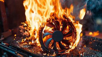 A computer motherboard on fire with a fan on top of it video