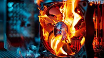 A computer case with a fan on fire in the middle of it video