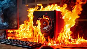 A computer keyboard and mouse sitting on top of a desk in front of a fire video