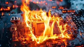 uma computador placa mãe em fogo com uma CPU em topo do isto video