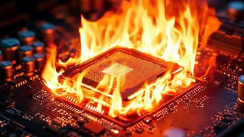 uma computador placa mãe em fogo com uma CPU em topo do isto video