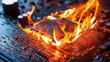 uma computador placa mãe em fogo com uma CPU em topo do isto video