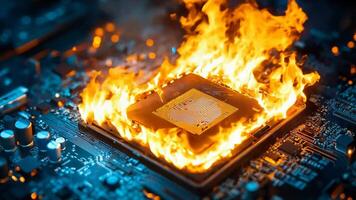 uma computador placa mãe em fogo com uma CPU em topo do isto video