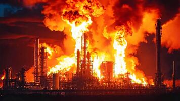 A large oil refinery with lots of flames coming out of it video