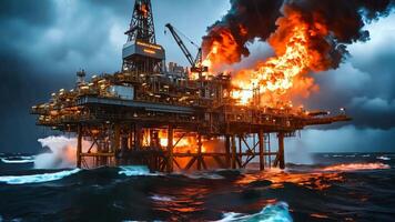 An oil rig in the middle of the ocean with a large fire coming out of it video