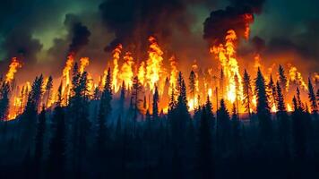 A large fire burns through a forest at night video