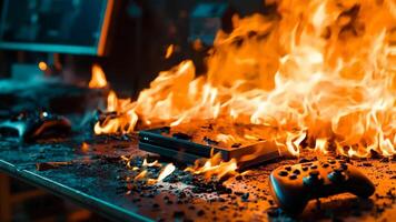 A game console on fire with a controller on top of it video