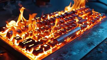 A computer keyboard on fire on a metal surface video