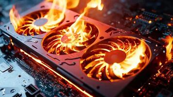 A close up of a computer motherboard with flames coming out of it video