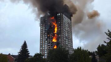 A tall building on fire with smoke billowing from the top of it video