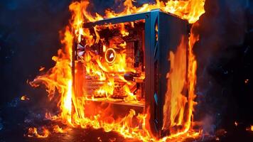 A computer case on fire with a blue background video